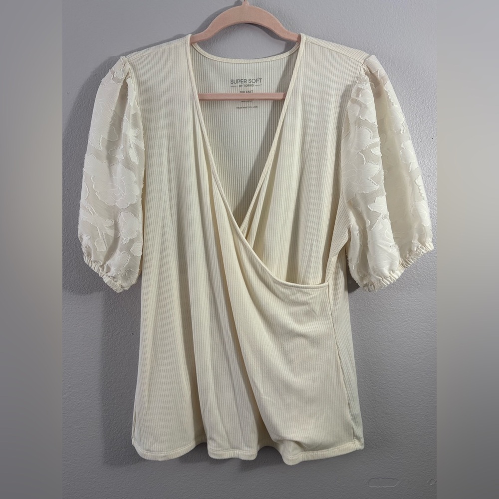Cream Puff-Sleeve Faux Wrap Top